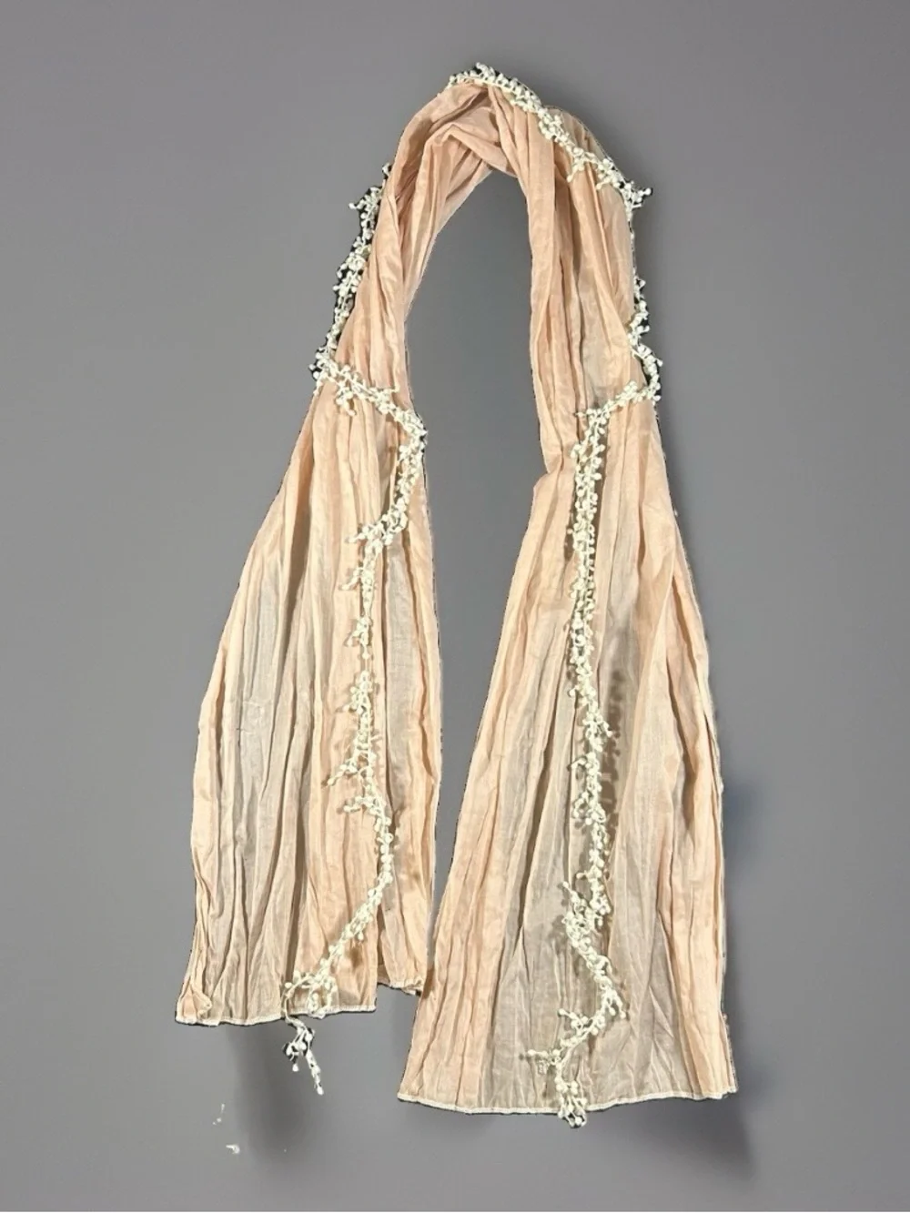 Boho Scarf/Shawl Light Pink Cotton Cream Crochet Tassel 67”x24” Romantic Hippie